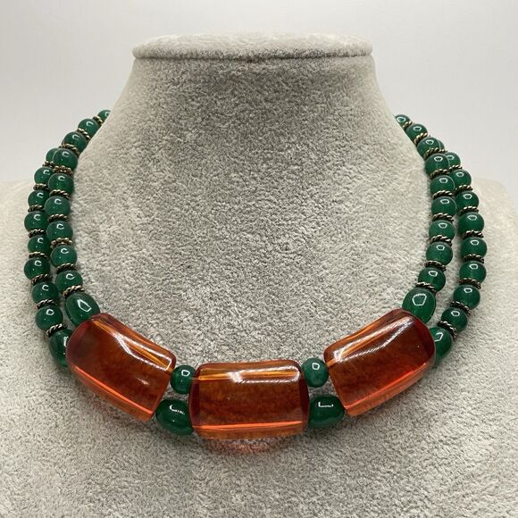 Artisan Handcrafted Green Gemstone Lucite Beaded Choker Collar Necklace Elegant - Picture 1 of 10